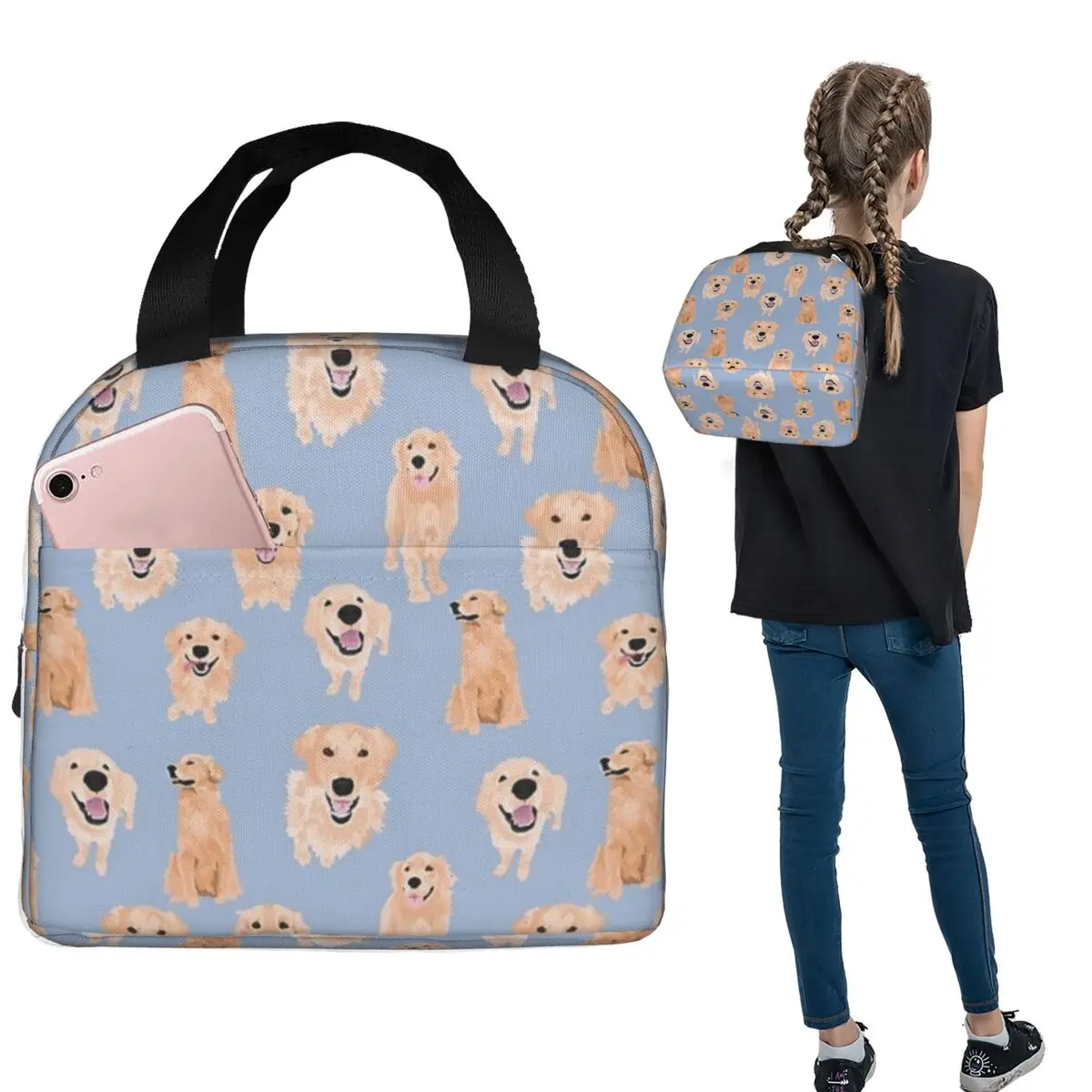 Golden Retrievers On Blue Insulated Lunch Bag for Women Children Leakproof Food Boxes Thermal Lunch Box Tote