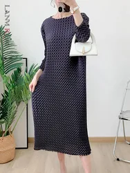 LANMREM Pleated Casual Dress For Women O-neck Long Sleeves Solid Color Loose Dresses Fashion 2024 Summer New Clothing 2Z1049