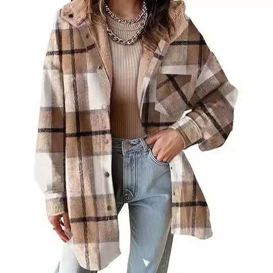 Jaquetass Femininas Autumn Winter Long-sleeved Color-blocked Hooded Women's Plaid Jacket Outdoor Versatile Plush Mid-length Coat