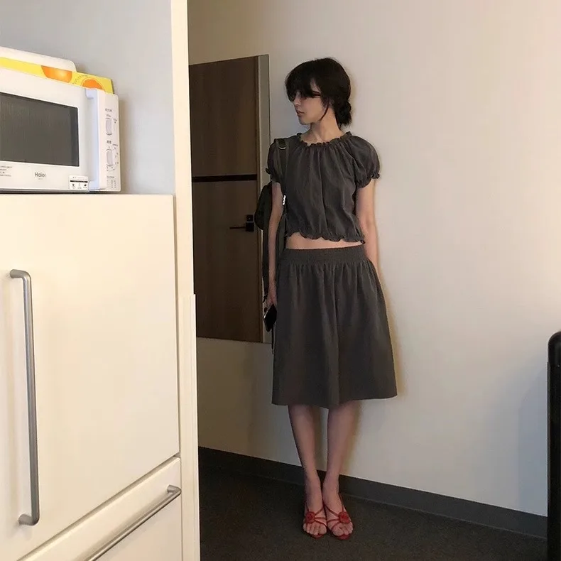 2025년 여름 베이비 오트 스웨트 및 A라인 스커트 세트, 우드 라인 러플 밴딩 허리, 한국 스타일 여성용 패션 세트