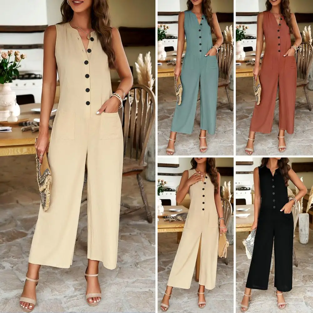 

Women Wide-leg Jumpsuit Elegant Women's V Neck Jumpsuit for Summer Office Wear Breathable Ankle Length Business Attire