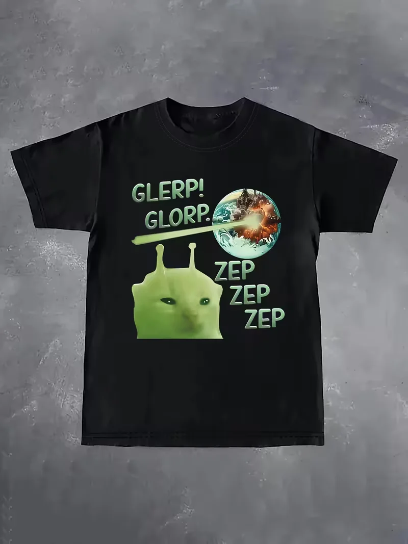 

Funny Retro Alien Cat Alphabet Print T-shirt | Cherry Bean Pattern, "No Brain" Cat Graphic Design T-Shirt Unisex Tops Daily Wear