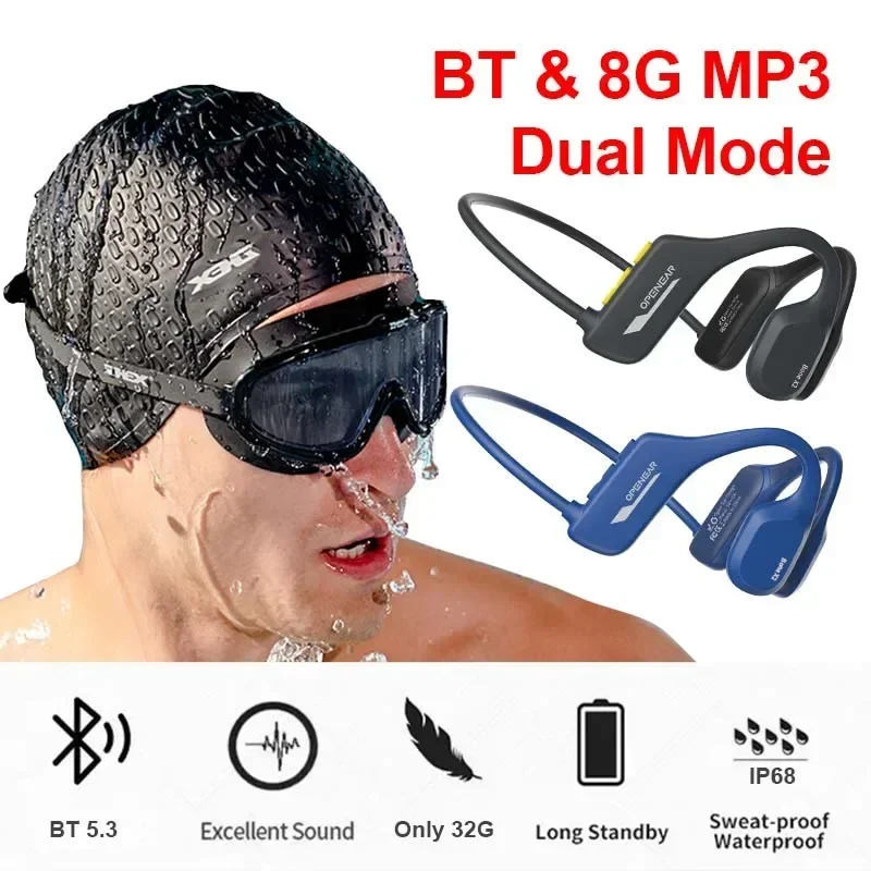 

Swimming Bone Conduction Wireless Headphone Bluetooth & 8G MP3 Dual Mode Music Player Run Diving Shower IP68 Waterproof Earphone