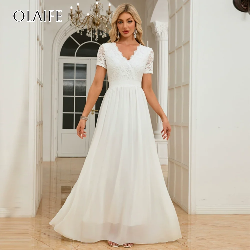 

Short Sleeves V-neck Lace A-line Prom Dresses Sleeveless Chiffon Floor Length Pleated Party Wear Customized vestidos de festa