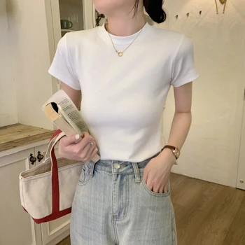 T-shirt skinny T-shirt a maniche corte da donna T-shirt slim in cotone carino casual Harajuku pullover moda estate top solidi coreano