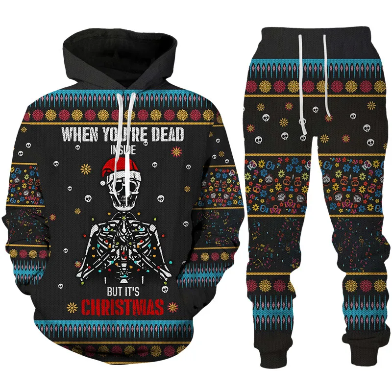 New 3D Printing Christmas Skull  Fashion Men Women Tracksuits Crewneck  Hoodies+pants Plus Size S-7XL Harajuku