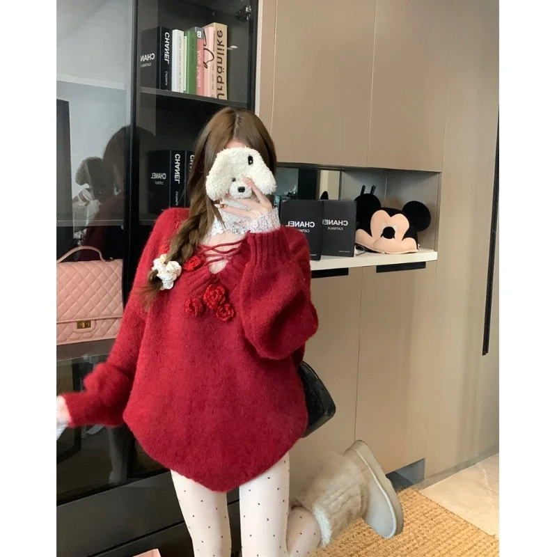 Damen Winter Long Sve Strickwaren V-Ne Loose Fit Schlankmachendes Lazy 3D Flower Design Mahua Imitation Sweater Belted Trendy Top