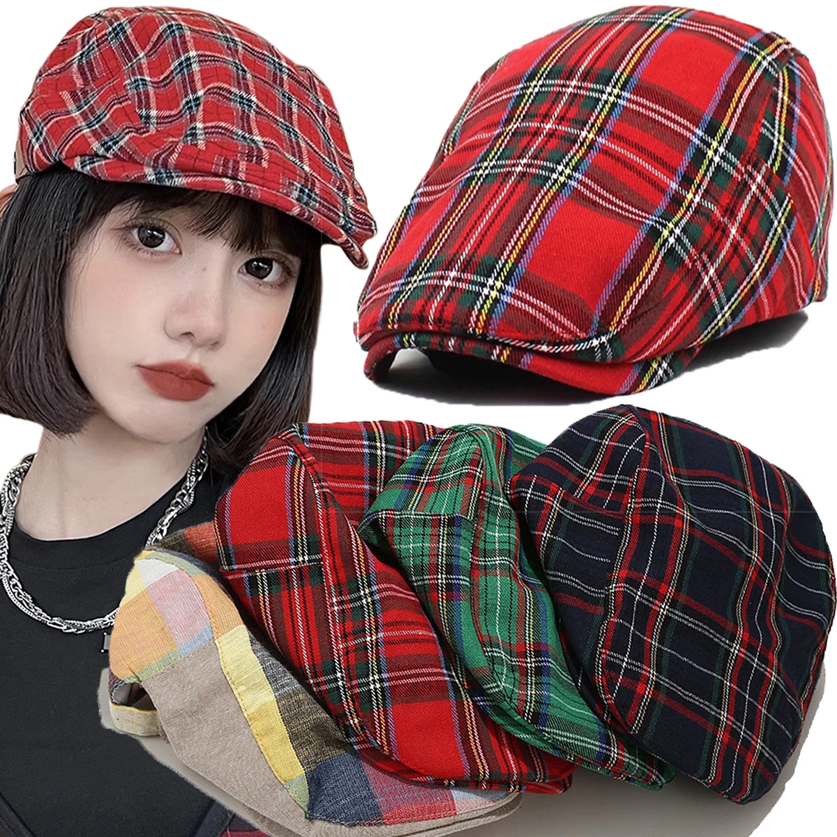 Classic Checkered Flat Caps Stripe Lattice Berets Hat Women Men Spring Summer Plaid Ivy Cap Visors Duckbill Painter Hat Flat Cap