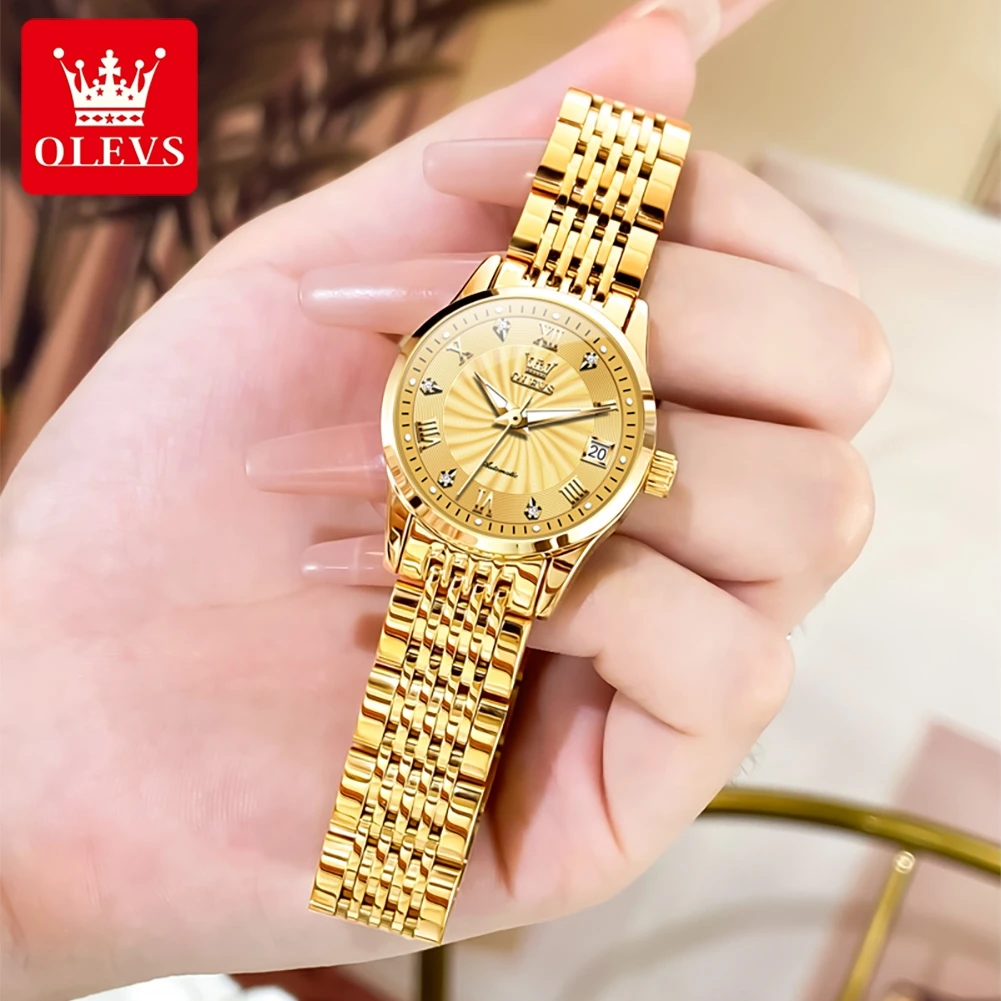 OLEVS Luxury Brand Ladides Automatic Mechanical Wristwatch Waterproof Stainless Steel Simple Watch For Women Gift for Girl