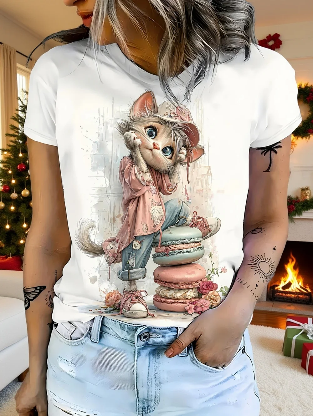 Damen Sommer Mode Kurzarm-Oberteil Süße Katzenmuster-Print T-Shirts für Alltag und Dates Damenbekleidung