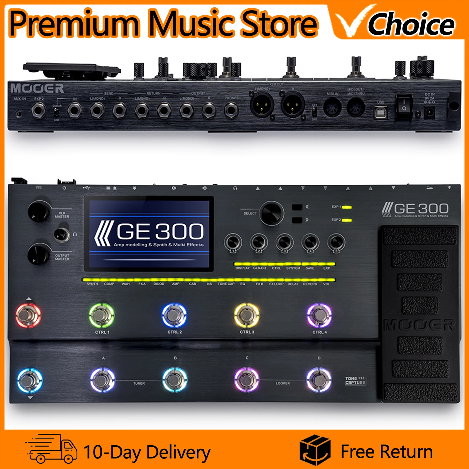 Pedal de Efeito para Guitarra MOOER GE300, Pedal Multi-Efeitos para Guitarra, Overdrive, Reverb, Caixa de Loop para Guitarra, 108 Amplificadores, 164 Efeitos, Loop de 30 Minutos