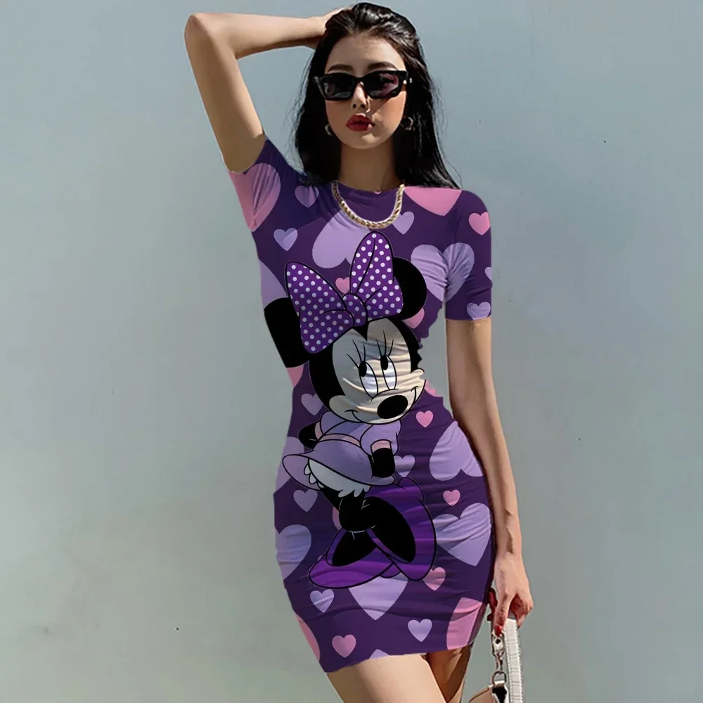 Disney-Vestido corto de manga corta con cuello redondo para mujer, minivestido Sexy ajustado de Minnie y Mickey Mouse para verano