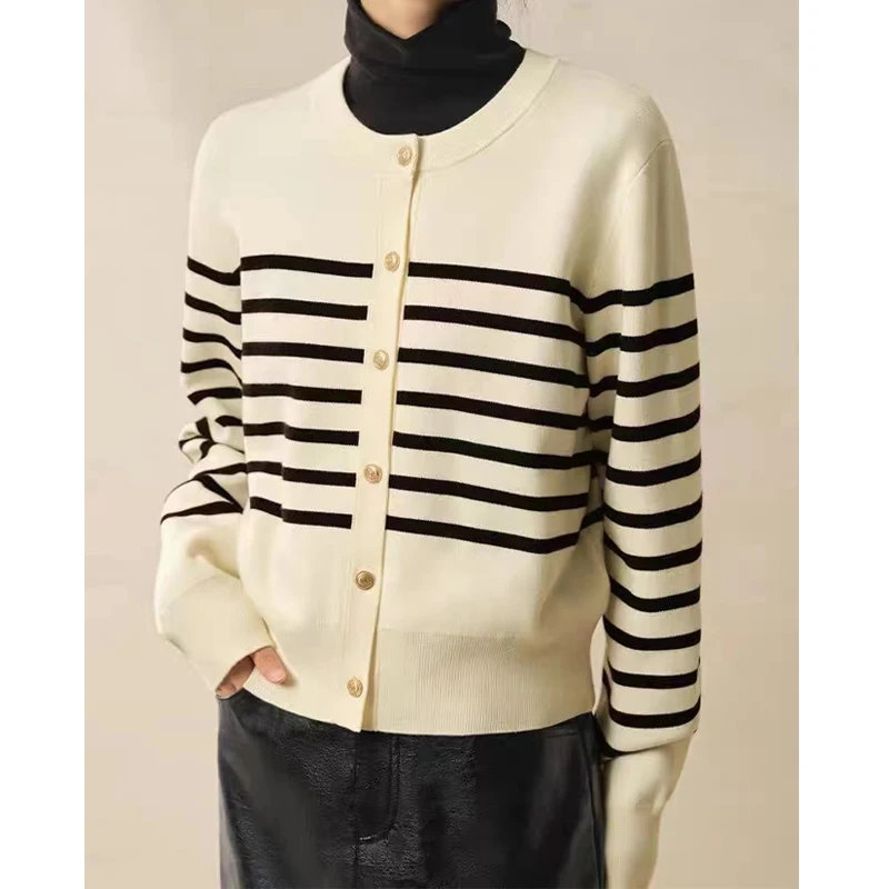 

Женский винтажный кардиган в полоску, повседневный вязаный элегантный кардиган с длинным рукавом, простой теплый свободный жакет с круглым вырезом для осени