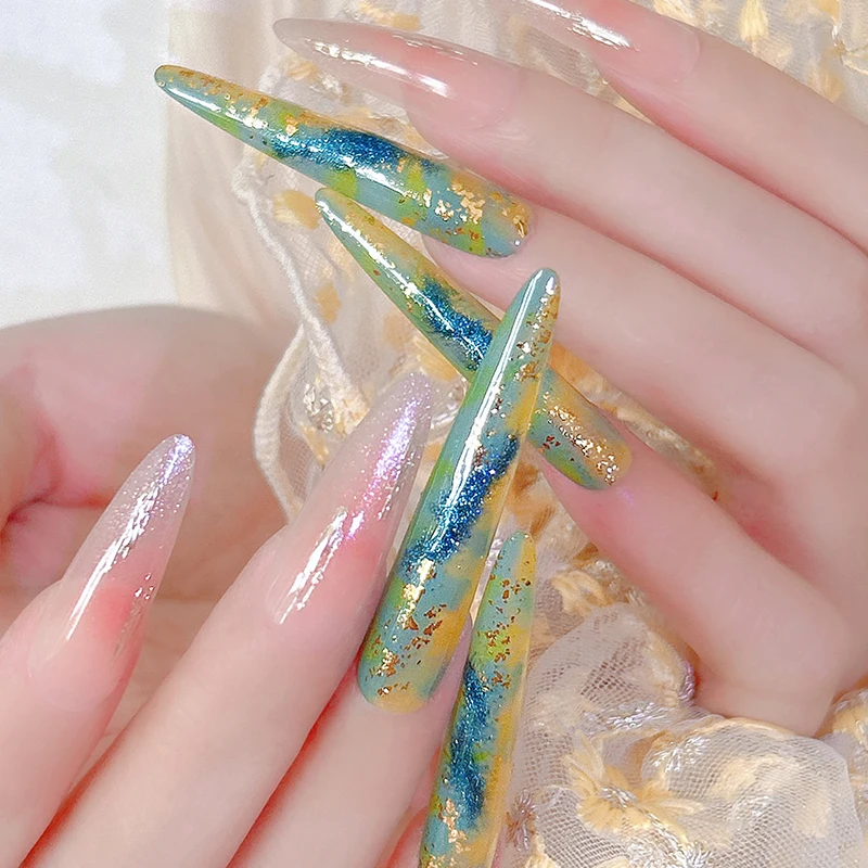 14개(긴 것 4개+짧은 것 10개) 수제 잉크-워시 리티니 네일 세트 행사용 반짝이는 예술적 디자인(인기 있는 키트보다 우수함)