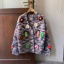 Women Chunky Knit Cardigan Floral Embellishments Loose Retro Vintage Sweater 2023 Autumn New In