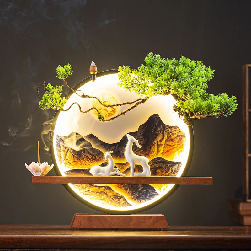 

New Chinese Style TV Cabinet Decorative Lamp Ceramic Deer Pair Living Room Study Bucket Cabinet Light Ring Decor Porch Artifact