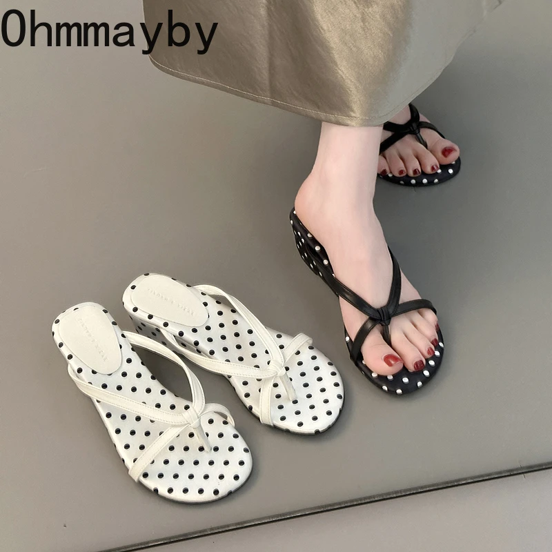 

Cute Polka Dot Summer Women Slippers Concise Wedges Heel Dress Flip Flop Shoes Outdoor Clip Toe Beach Vacation Slides Shoes