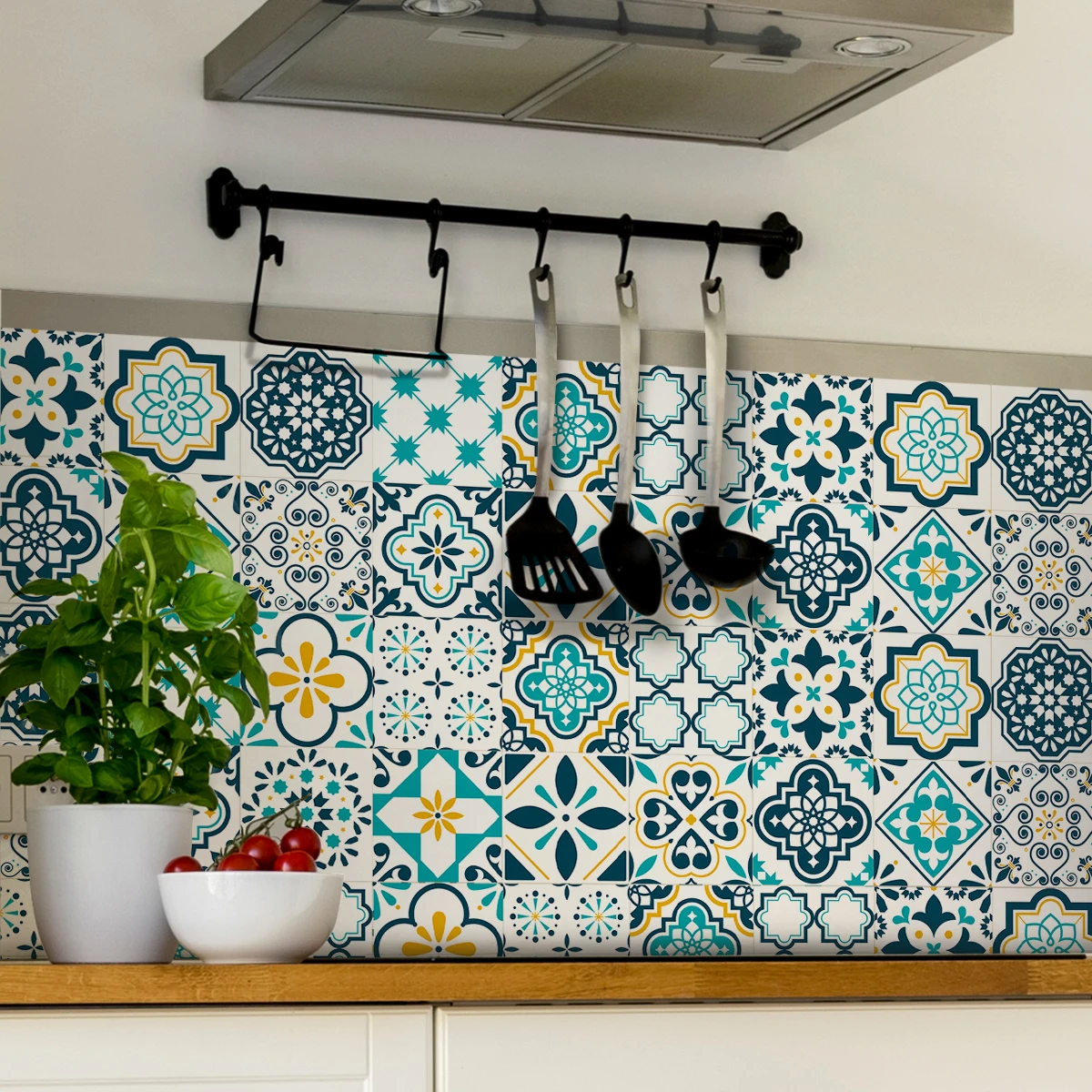 1 Roll of Moroccan Pattern Thickened Moisture-Proof Kitchen Stickers Kitchen and Bathroom Background Landscaping Decorative Wall
