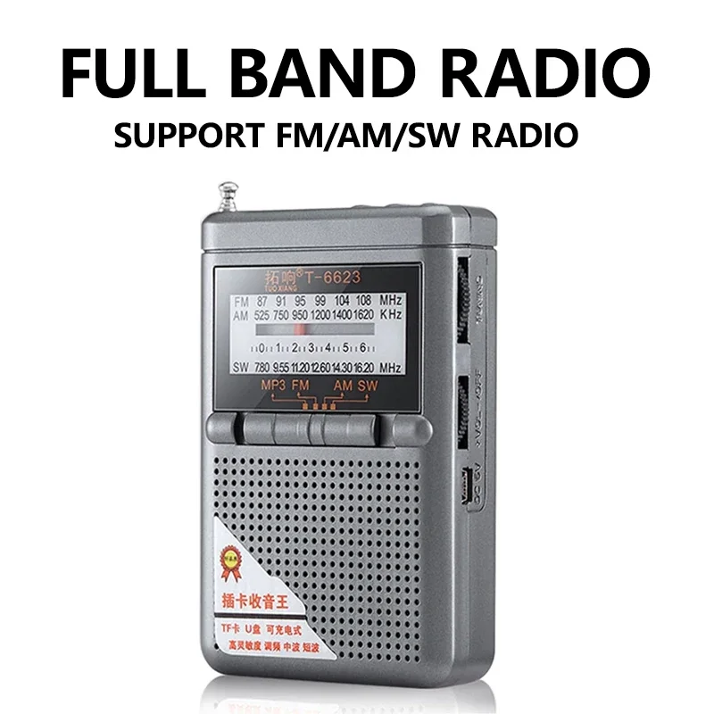 

Portable FM AM SW Full Band Mini Pocket Radio with LED Display Supporting TF Card Headphone Jack Universal Radio Receiver