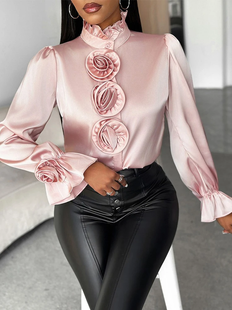 Rose Detail Frill Hem Bell Sleeve Top