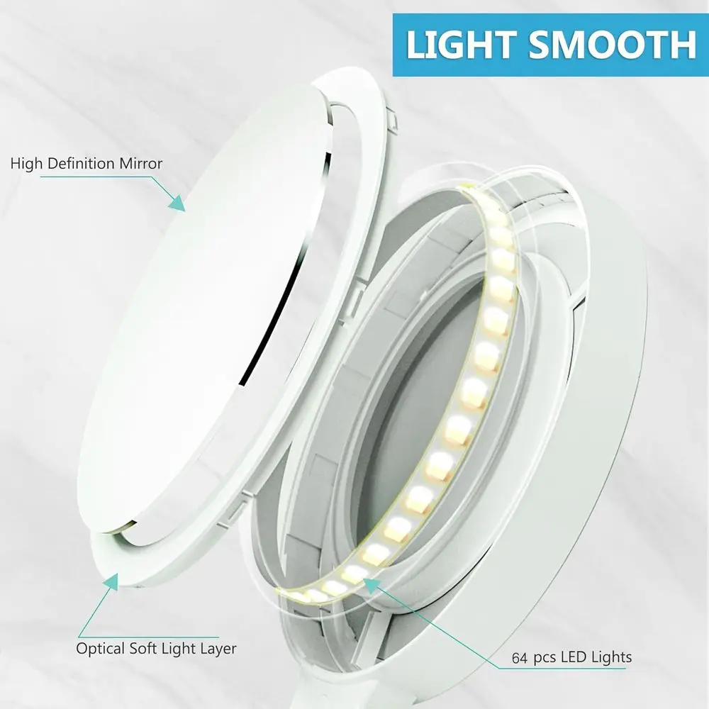 Miroir de maquillage portable éclairé par LED double face avec grossissement 1X/20X pour le toilettage en déplacement