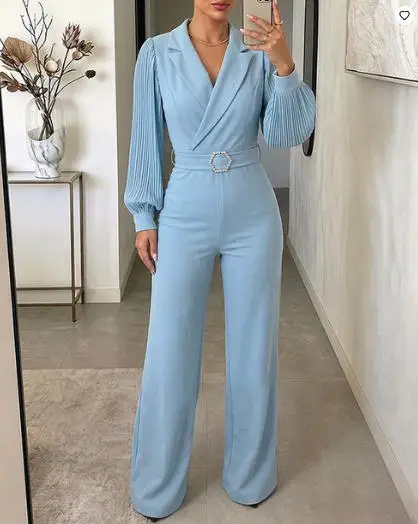 Women's New Rhinestone & Pearls Decor Lapel Collar Pleated Long Sleeve Wide Leg Overalls Casual High Waist Zipper Back Jumpsuit