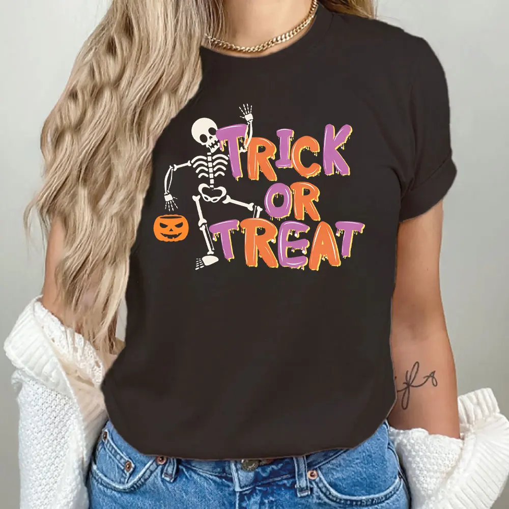 Halloween Trick or Treat Shirts Halloween Vibes Tee Funny Skeleton Pumpkin Shirt Unisex Tee Halloween Costumes Orange Color Tops