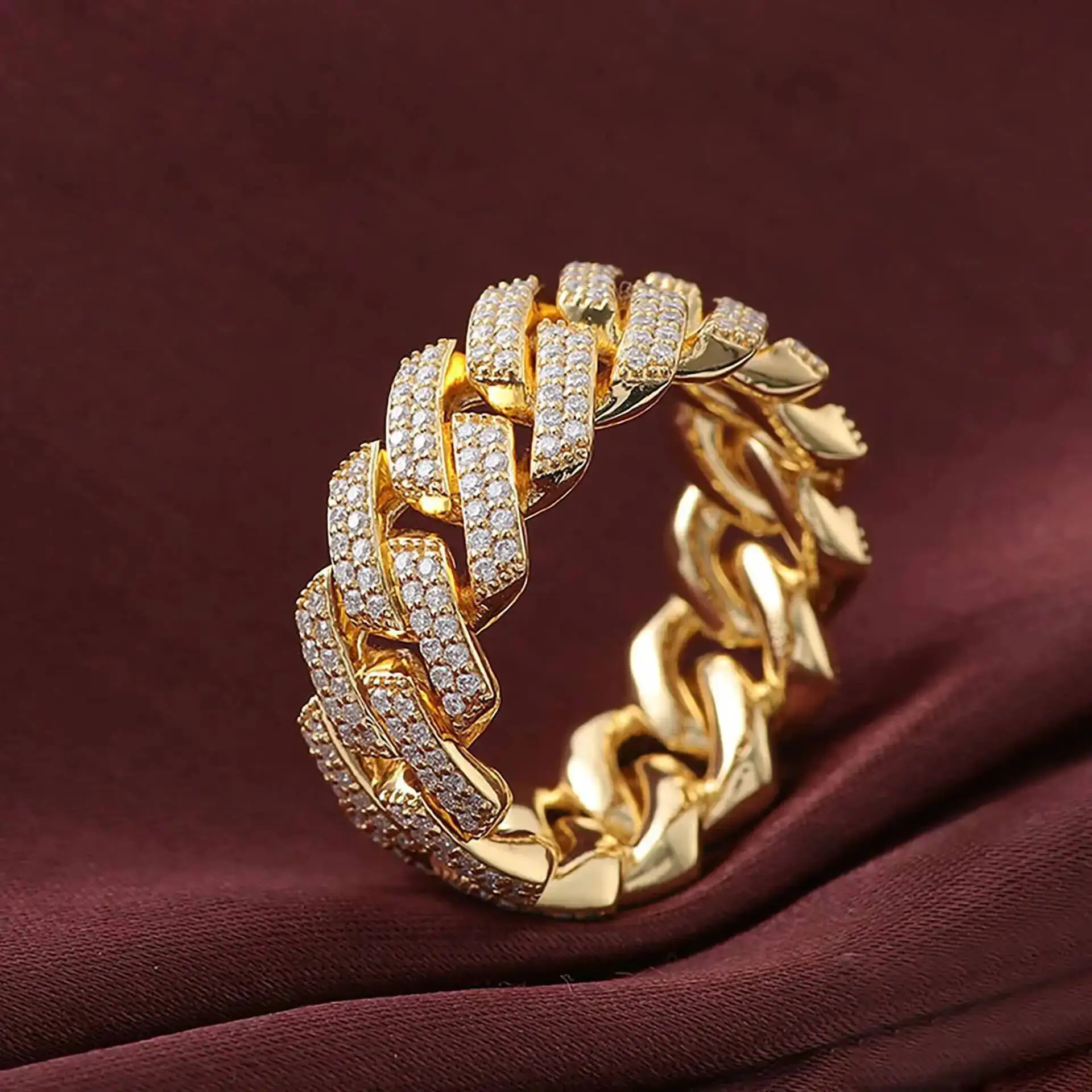 10k/14k Full Diamond Moissanite Ring Light Luxury Cuban Style Men's Ring