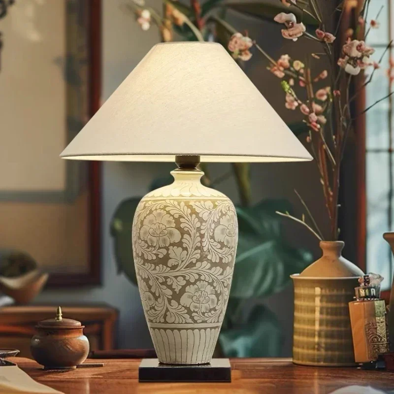 

SANDYHA Chinese Retro Ceramic Desk Lamp for Bedroom Bedside Light Dining Table Lighting Living Room Decor Fabric Lampshade 2024