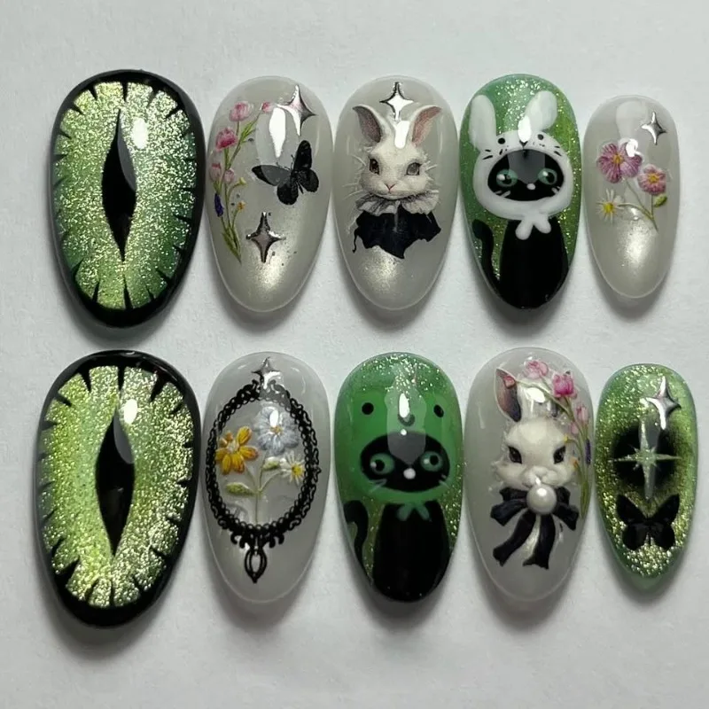 

24PCS Fake Nails Black Cat's Pupil Almond-Shaped Green Cartoon Cute Bunny Press-on Nails Perfect for Gift To Girls and Friends