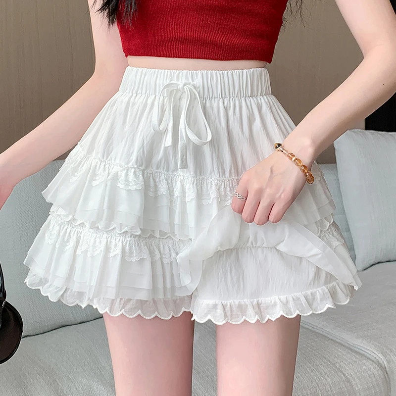 Women's White Tiered Skirts, Elastic Waist A-Line Culottes, Flowy Ruffle Bloomers, Summer Anti-Exposure Shorts Skirt