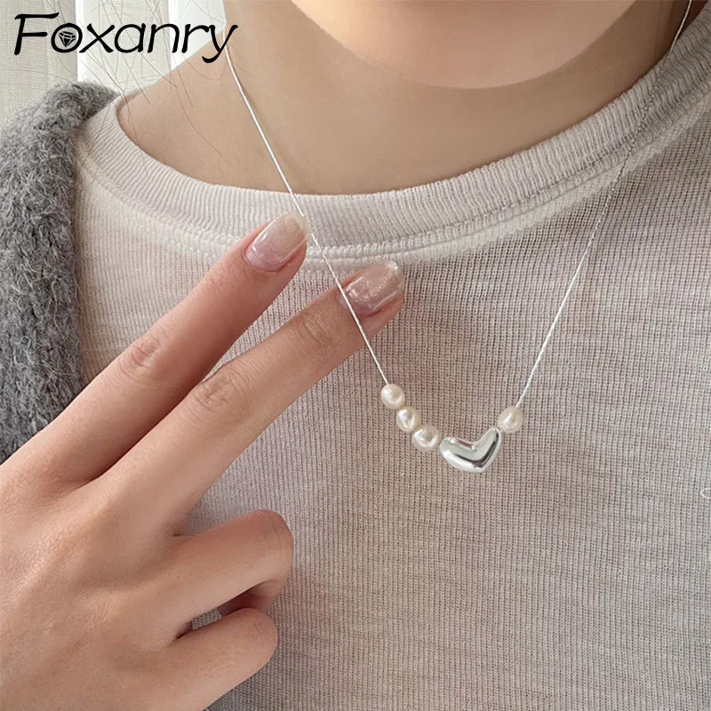 Foxanry Irregular Love Heart Pearl Necklace For Women Girls Sweet Fashion Simple Elegant Clavicle Chain Anniversary Jewelry Gift