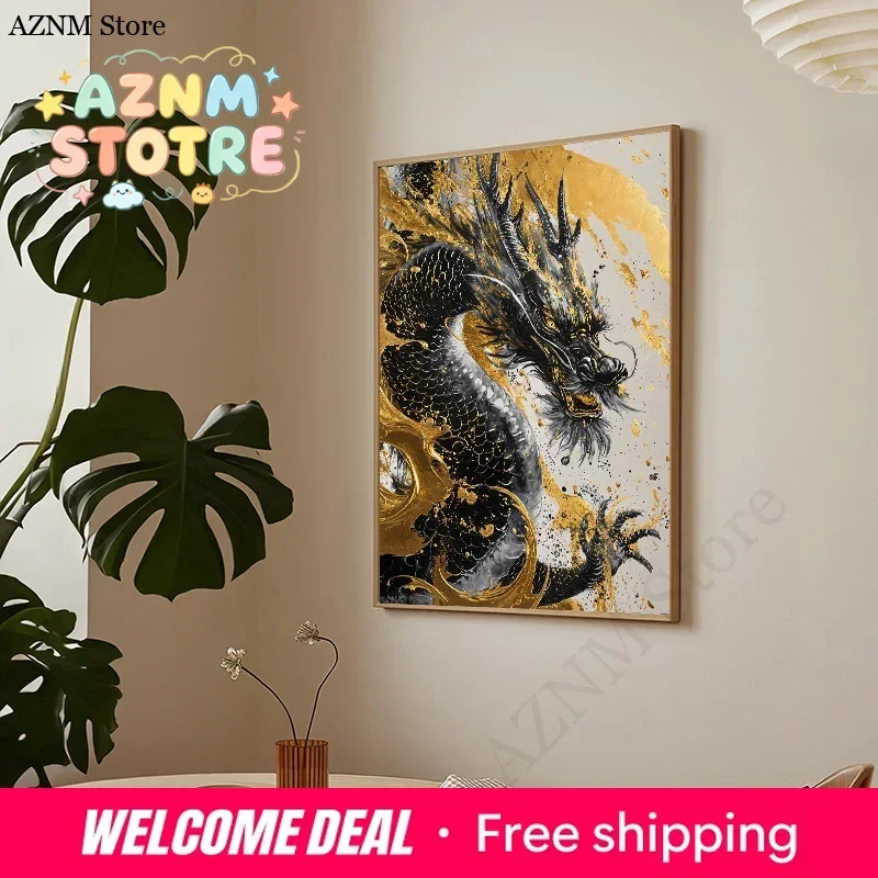 Abstract Fantasy Animals Golden Dragon Poster Canvas Painting Oriental Dragons Wall Art Pictures Living Room Home Decor