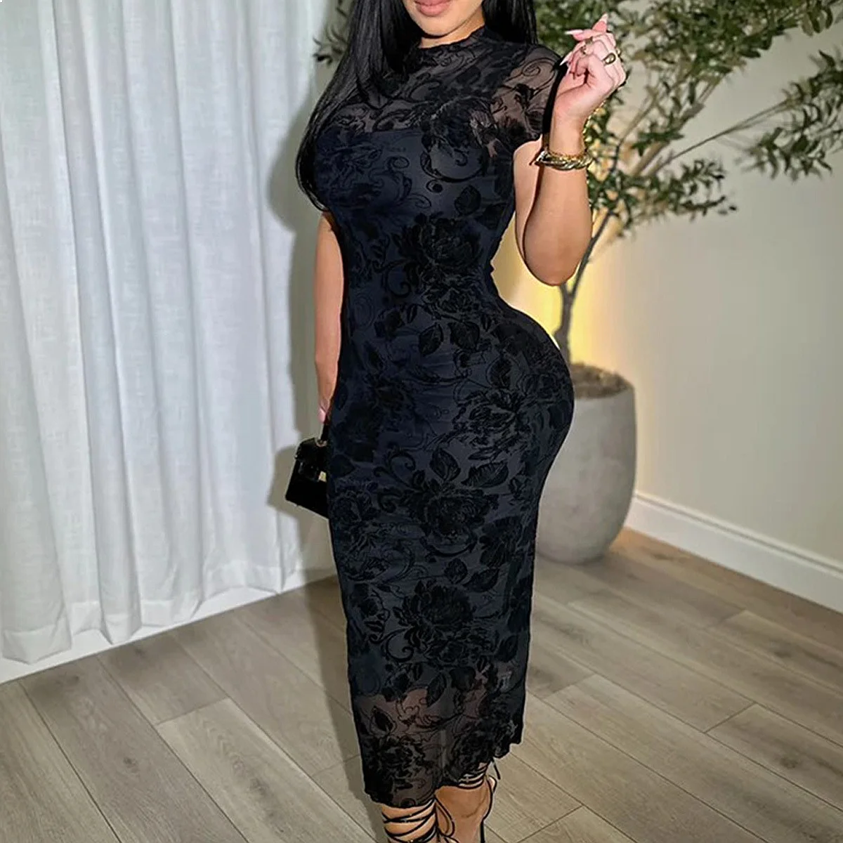 Mesh See Through Two Piece Dress Set Women Bodycon Dresses Short Sleeve Cami Matching Set Spring Summer
