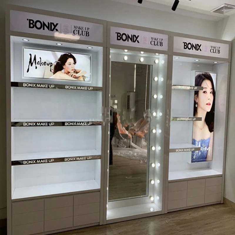 Custom, fashionable makeup cosmetic display stand perfume shop display showcase with light box display furniture for store