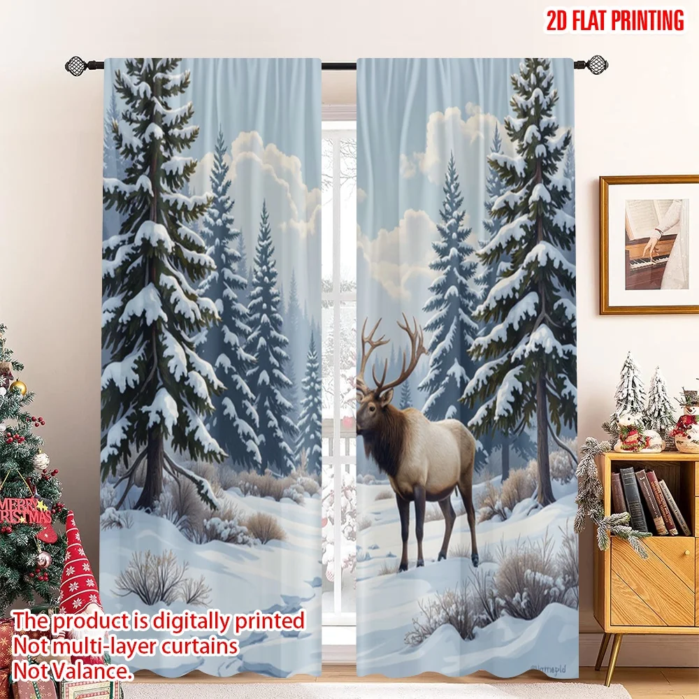 

2pcs 2D flat printing Merry Christmas Curtains Majestic Stag Winter Snowfall Forest Polyester Without Electricity Birthday Party