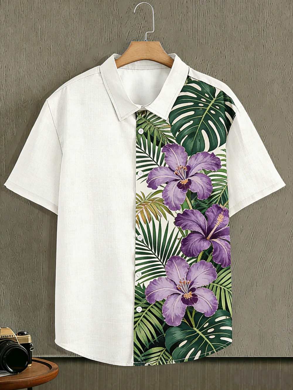 Men's New Summer Short-sleeved Shirt Natural Flowers White 3D Printed Shirt Hawaiian Vacation Outdoor Casual Party Men's