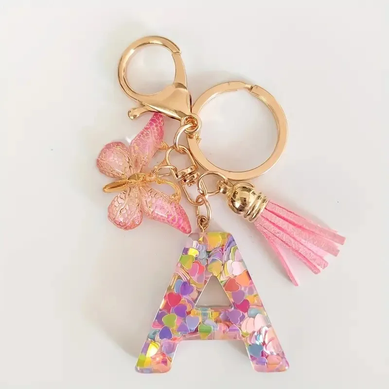 26 Letter Keychain Pink Glitter Resin Butterfly Tassel Decoration Car Key DIY Keychain Pendant Keychain Kawaii Lanyard  Love