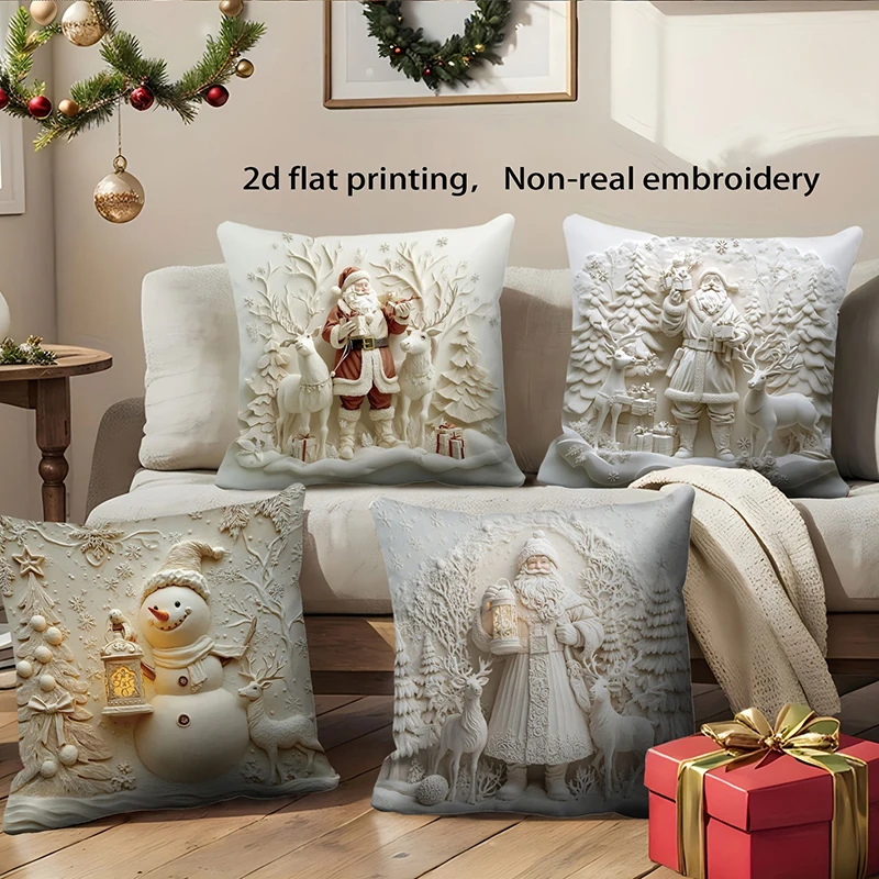 Christmas Santa Snowman 2D Printed Throw Pillow Covers, Xmas Decorative Cushion Cases for Home Sofa