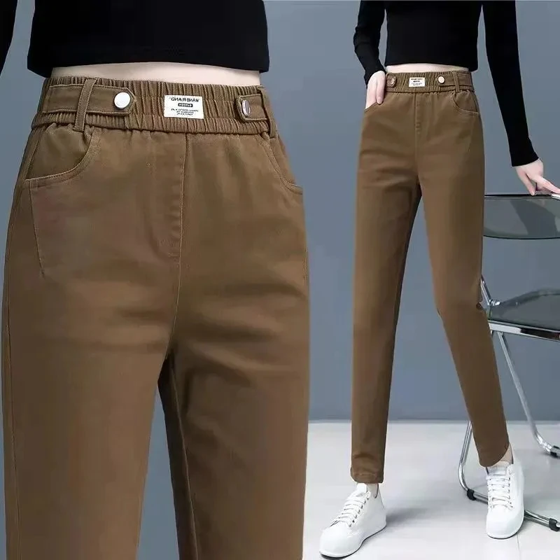 Calça coreana feminina reta de algodão, calça de harém elástica de cintura alta, casual solta, nova moda, primavera e outono, 2023