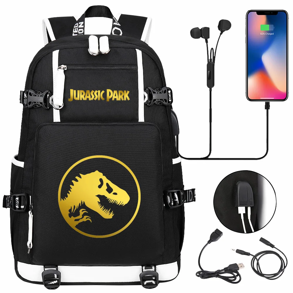 New Gold Jurassic Park Dinosaur USB Boy Girl Kids Book Bags Large Capacity Teenagers Schoolbags Women Men Laptop Travel Backpack