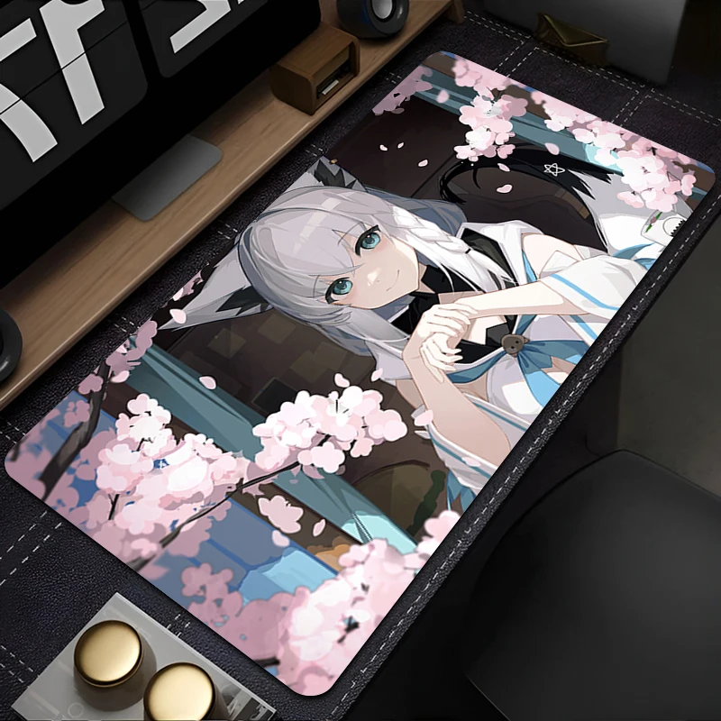 Large Anime Sakura Fox Girl Gaming Mouse Pad XXL Cute Spring Floral Desk Mat Non-slip Rubber Keyboard Pad for Office