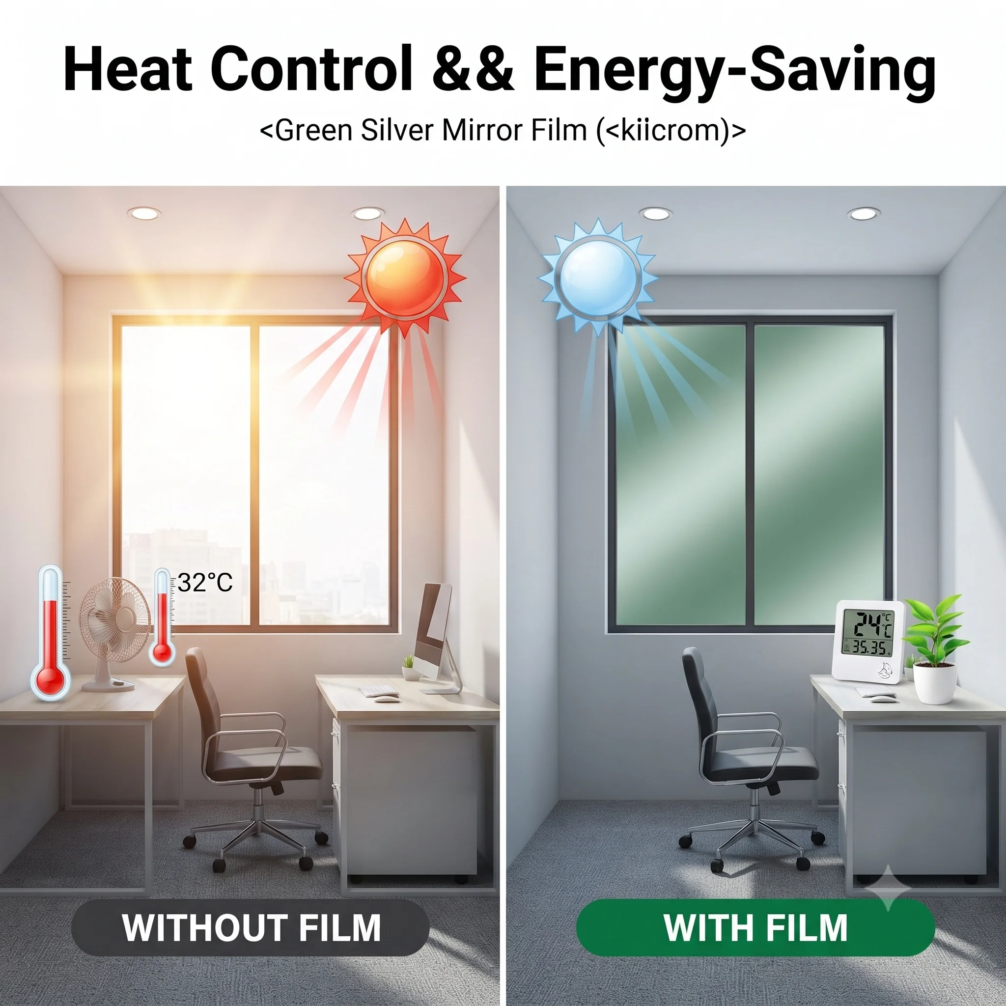 Green Silver Static Cling Window Film Heat UV Block One-Way Daytime Privacy Mirror Tint Reusable No Glue Glass Sticker