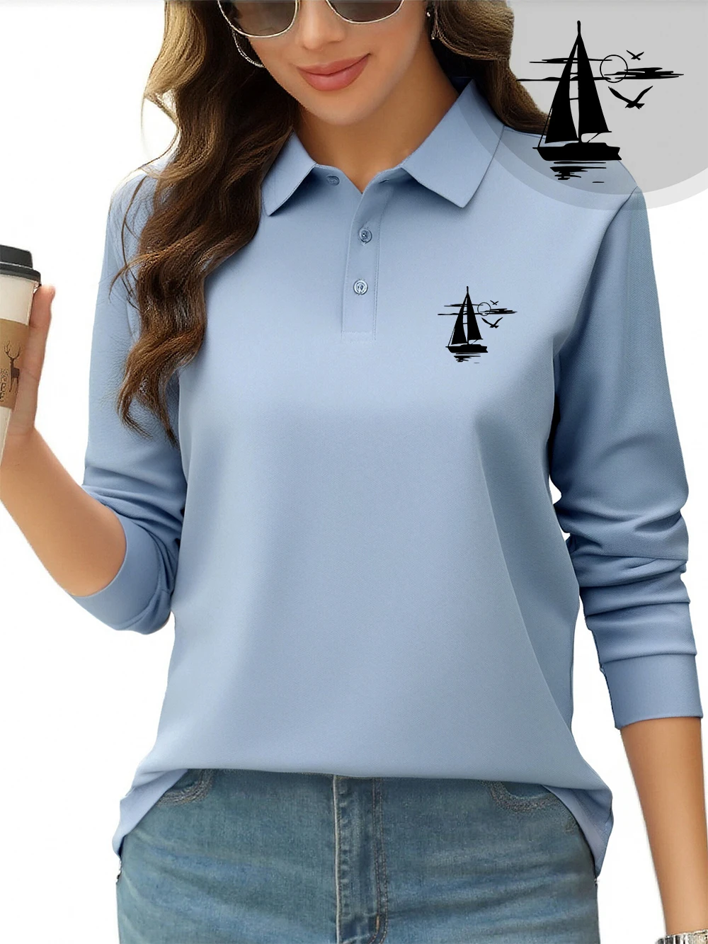 

Small Fishing Boat Printing Polo Shirts Womens All Season Lapel Tops Sporty Long Sleeves T-Shirts Casual Womans New Workwear