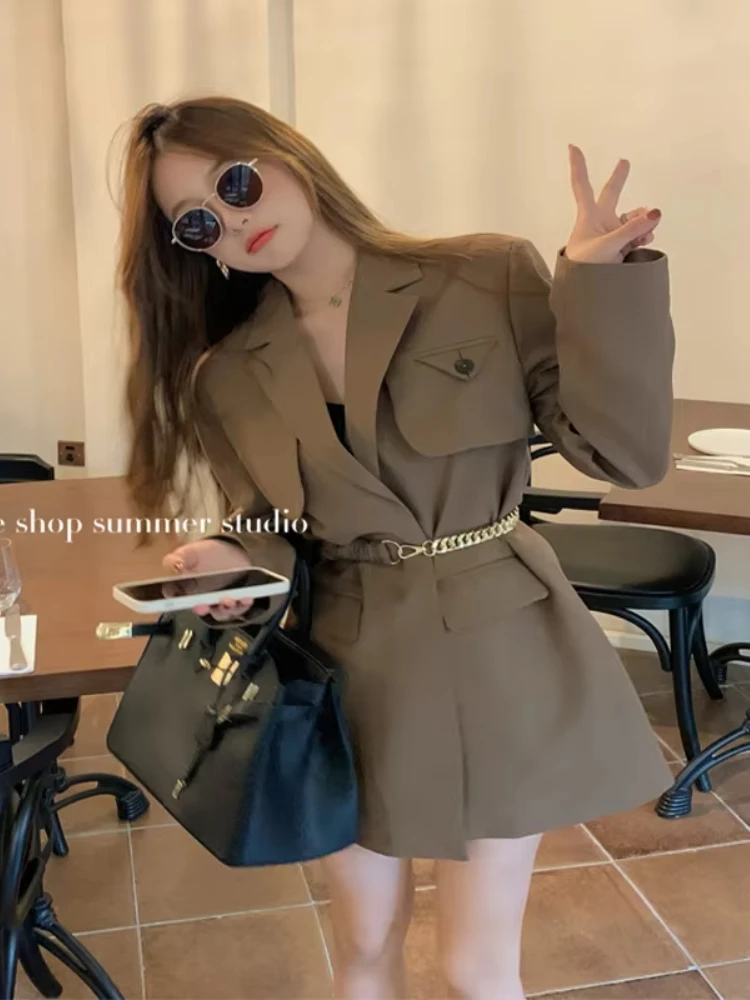 UNXX 2025 Spring Autumn New Top Korean Coffee Color Small Suit Long Sleeves Jacket Women's Blazer High-end Feel Women Clothing