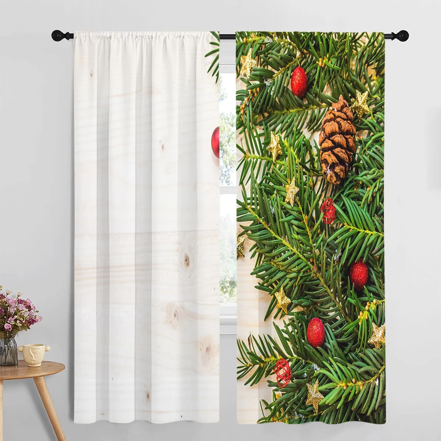 2PCS Digital Print Curtain, Pine Branches with Pinecones and Red Ornament Balls, Gold Stars on White Wood, for Window Home Decor