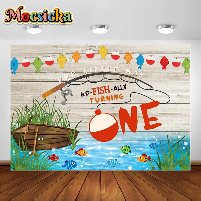 

Newborn Baby 1st Birthday Photography Background Fishing Pole Wooden Boat Water Plants Baby Bath Decoration Banner Backdrops