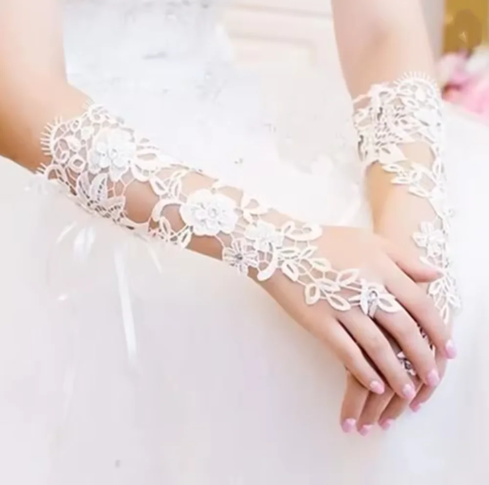 Guantes de boda de encaje de cristal para mujer, codo sin dedos, accesorio largo floral de marfil para novia