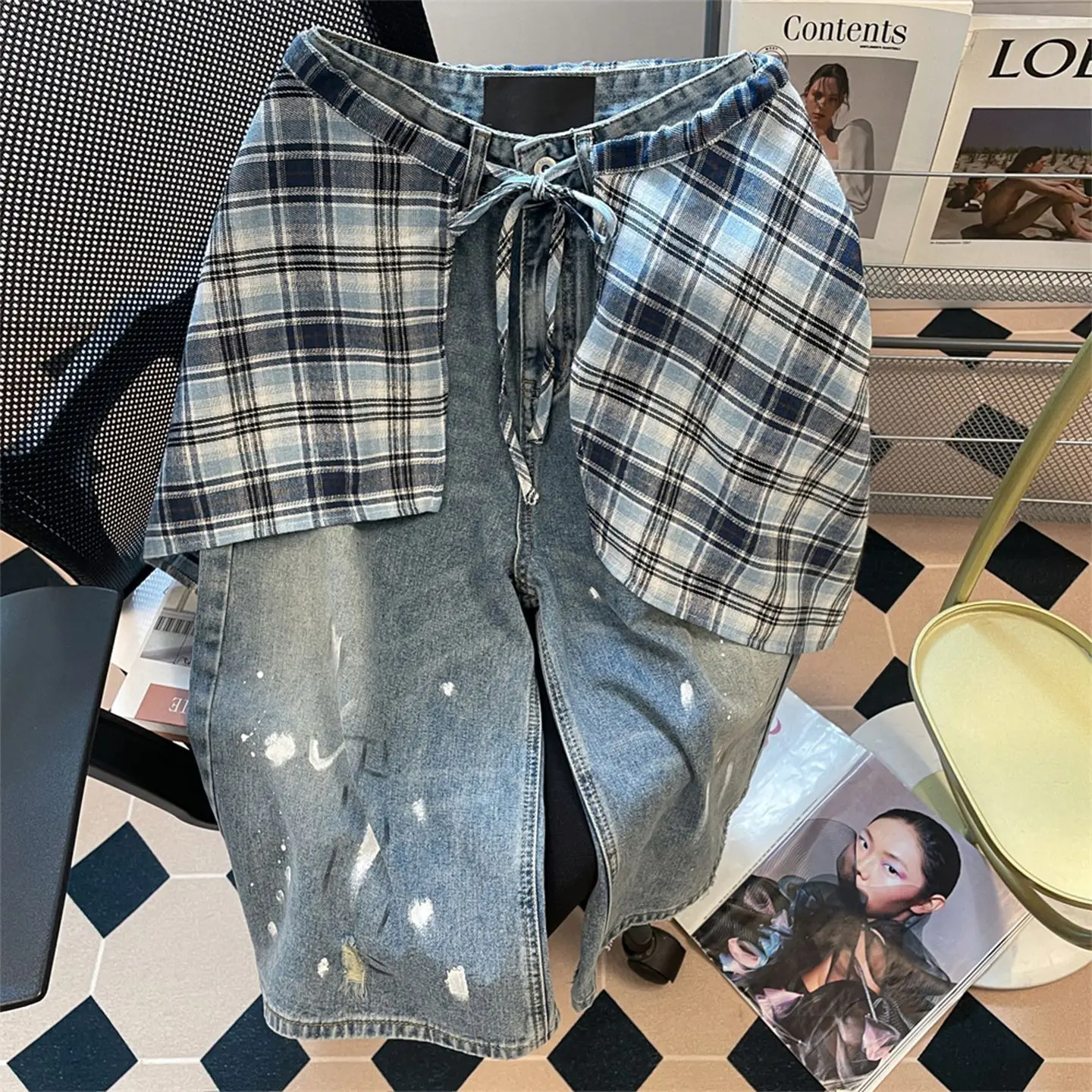 retro blue ink splashing straight denim cropped pants women's high waist and thin fart curtain short pants