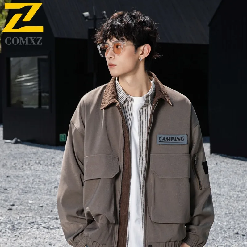 

COMXZ Mens Jacket New American Trendy Color Block Notch Lapel Windbreaker Men Riding Versatile Minimalist Windproof Autumn Coat